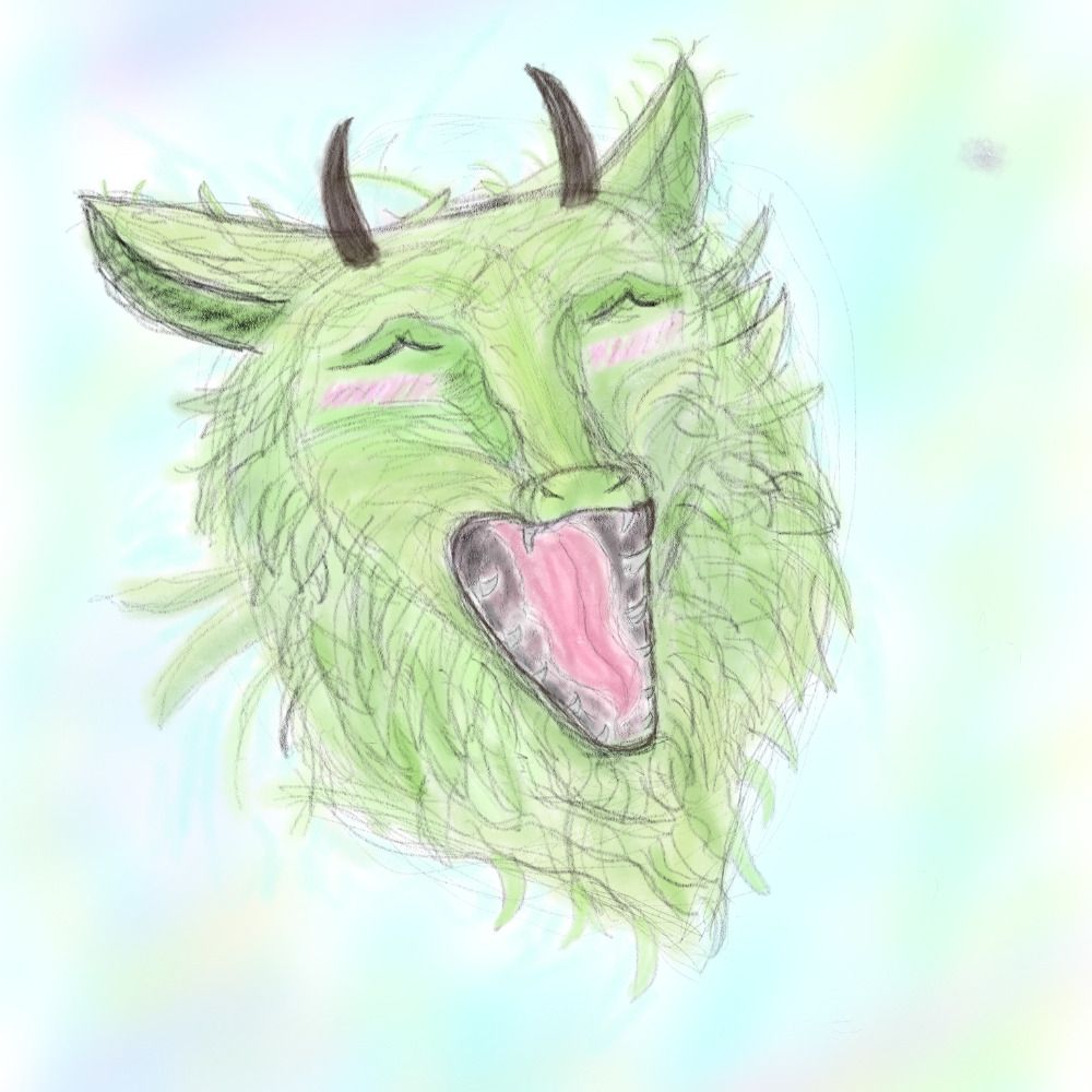 Drawing of a green dragon smiling